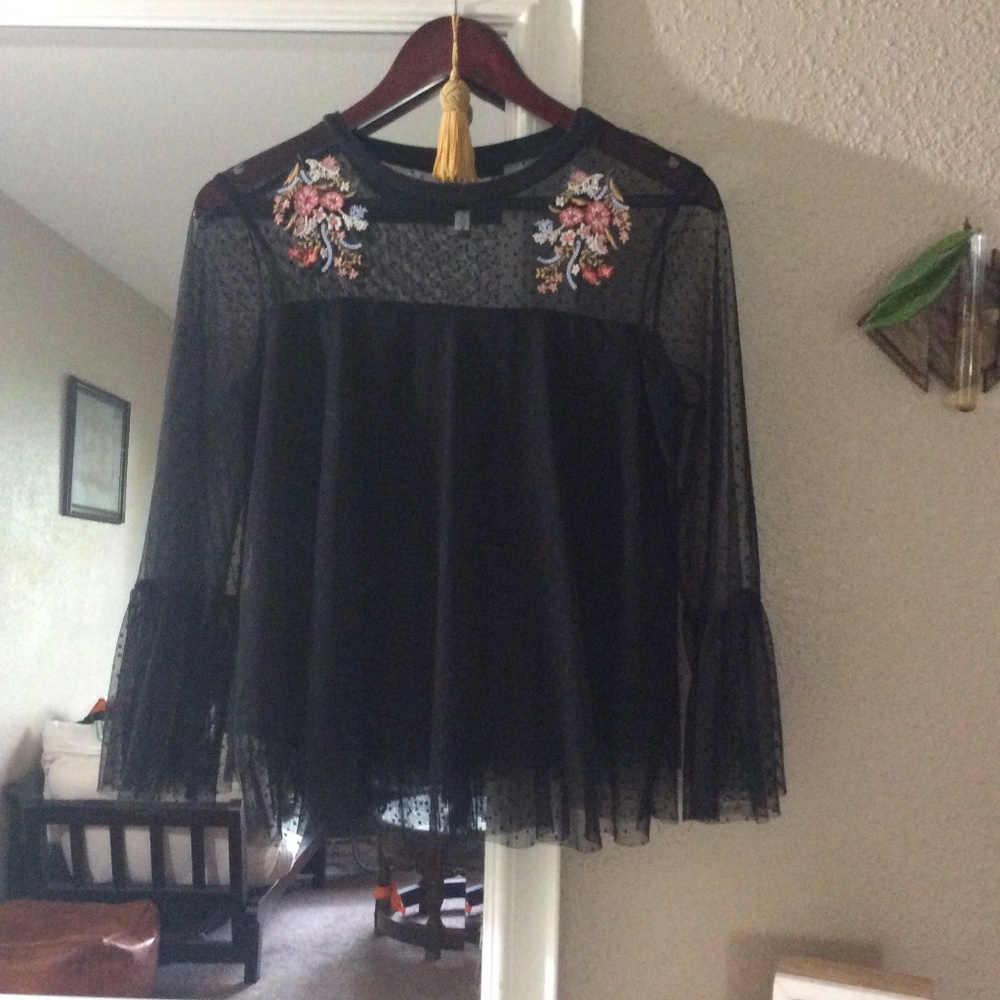 sheer embroidered blouse, belled sleeves